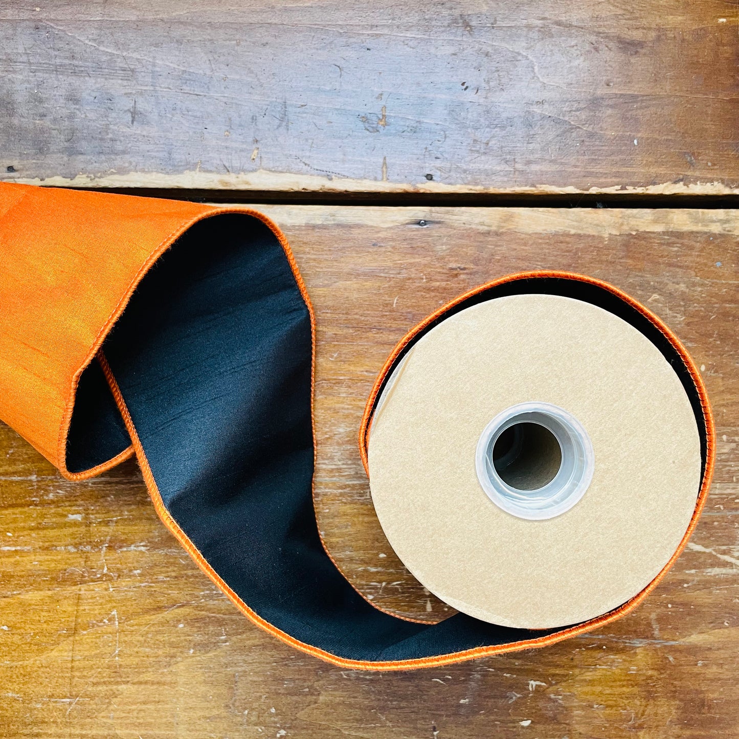 4" Wired Double-fused Dupioni Ribbon | Orange & Black