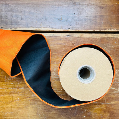 4" Wired Double-fused Dupioni Ribbon | Orange & Black