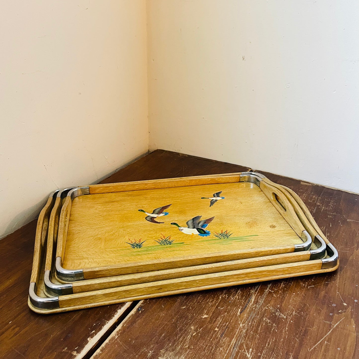 Bamboo & Metal Edge Hand-Painted Mallard Nesting Trays- Vintage