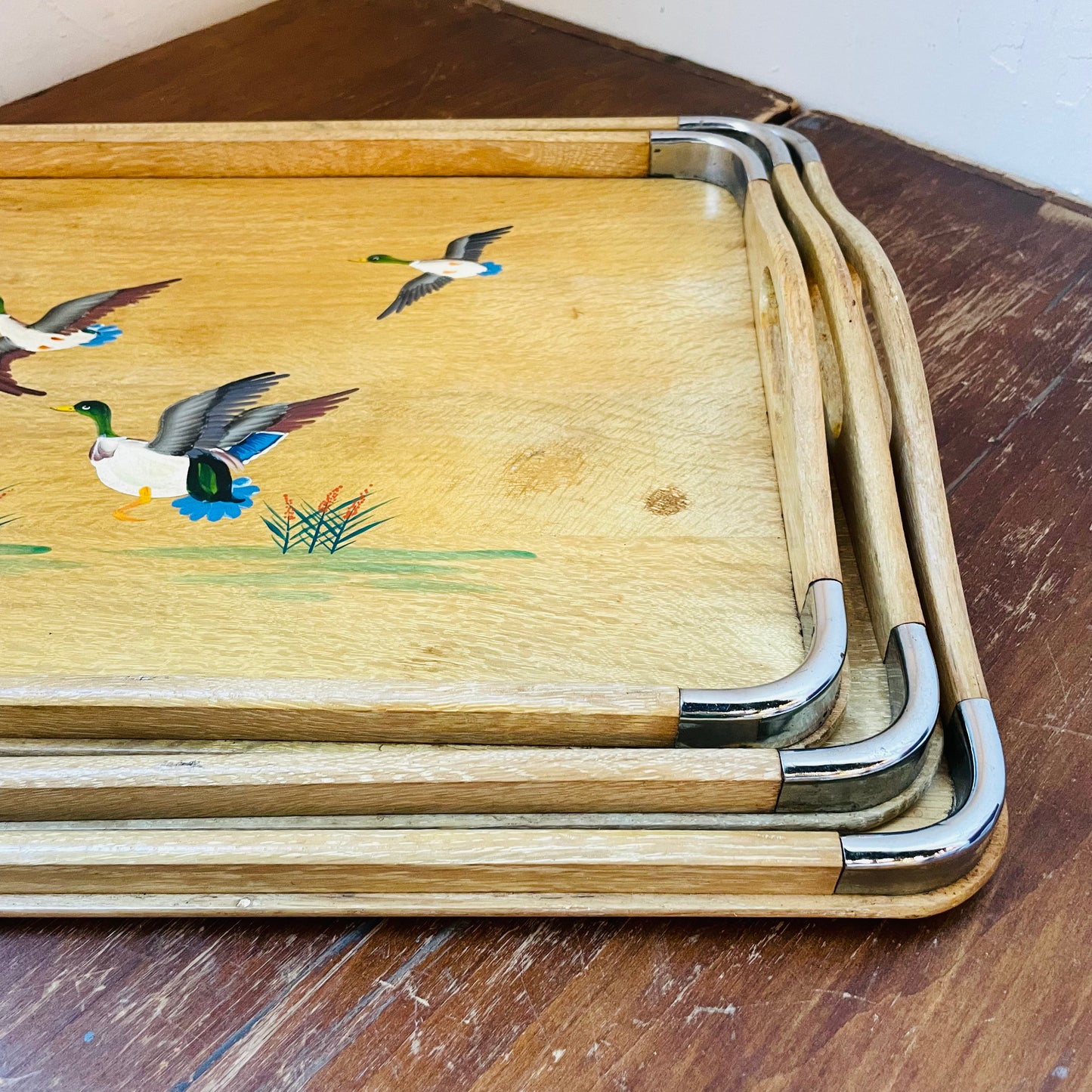 Bamboo & Metal Edge Hand-Painted Mallard Nesting Trays- Vintage