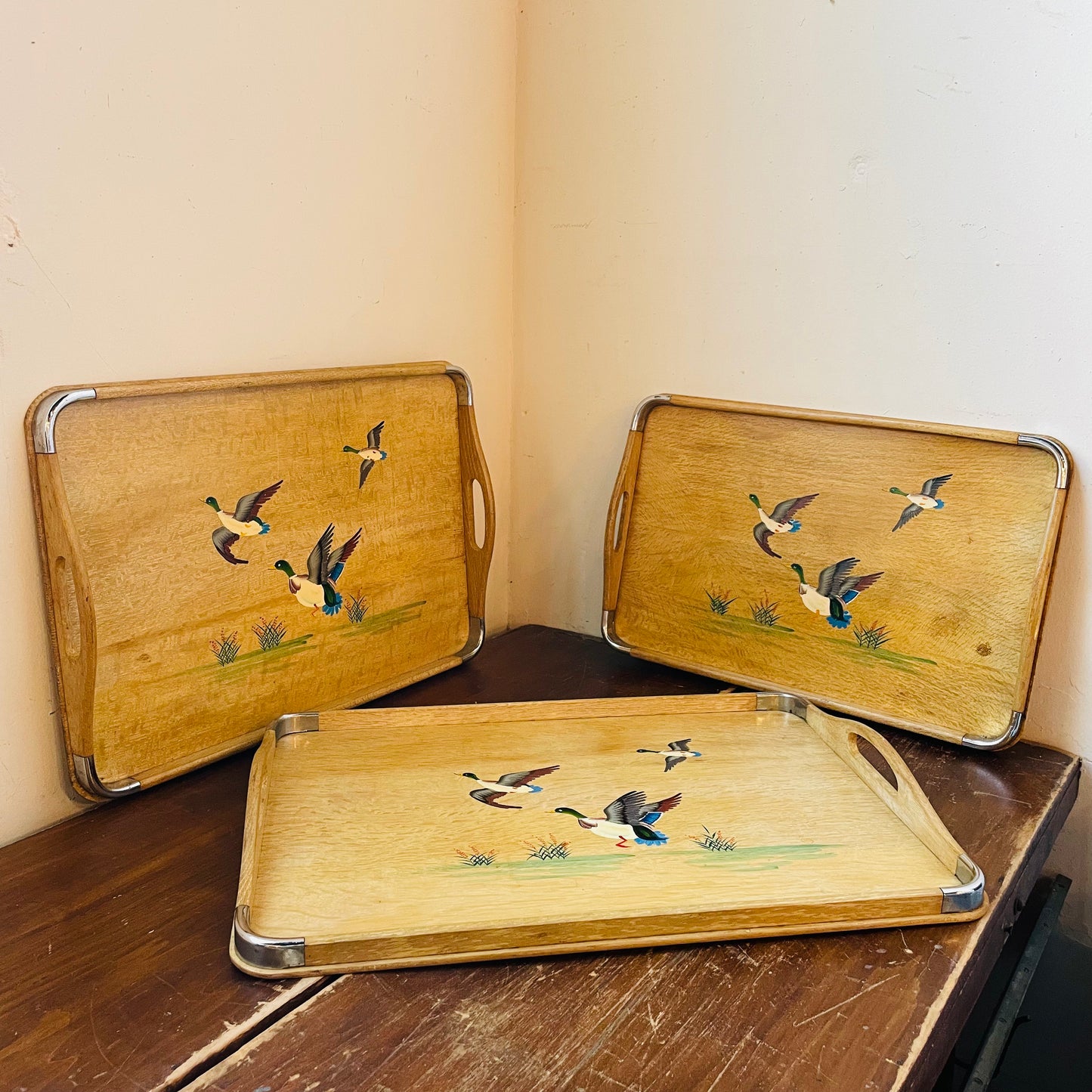 Bamboo & Metal Edge Hand-Painted Mallard Nesting Trays- Vintage