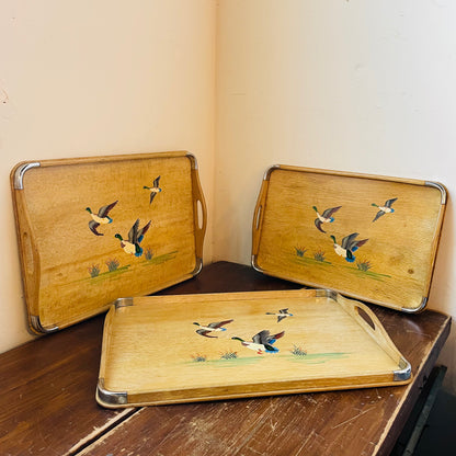 Bamboo & Metal Edge Hand-Painted Mallard Nesting Trays- Vintage