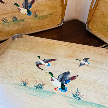 Bamboo & Metal Edge Hand-Painted Mallard Nesting Trays- Vintage