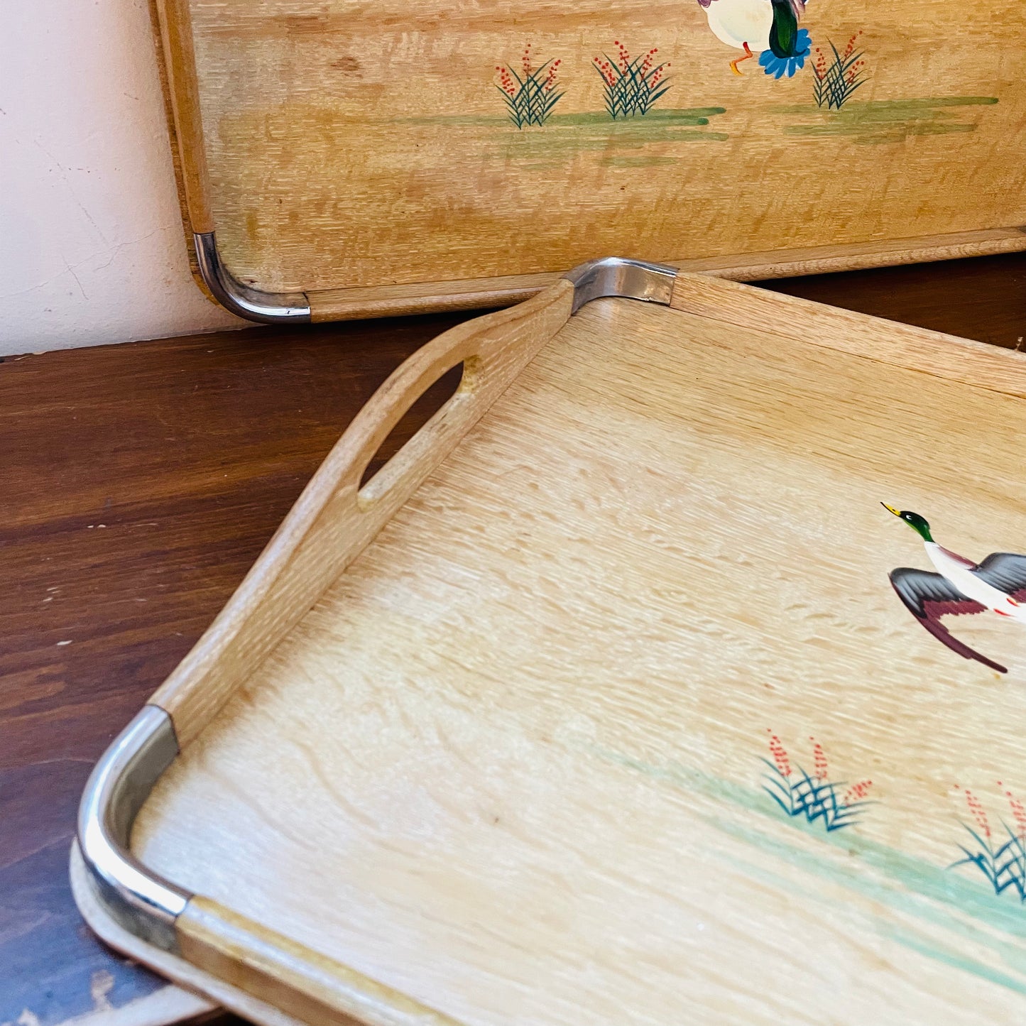 Bamboo & Metal Edge Hand-Painted Mallard Nesting Trays- Vintage