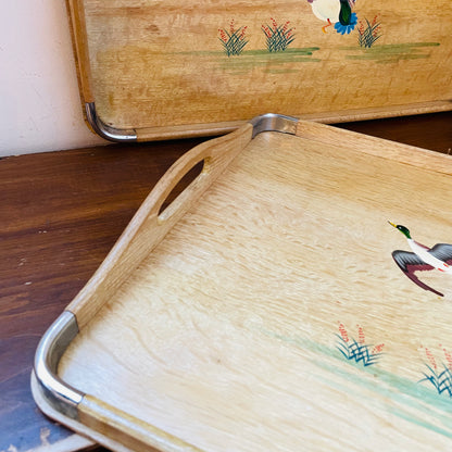 Bamboo & Metal Edge Hand-Painted Mallard Nesting Trays- Vintage