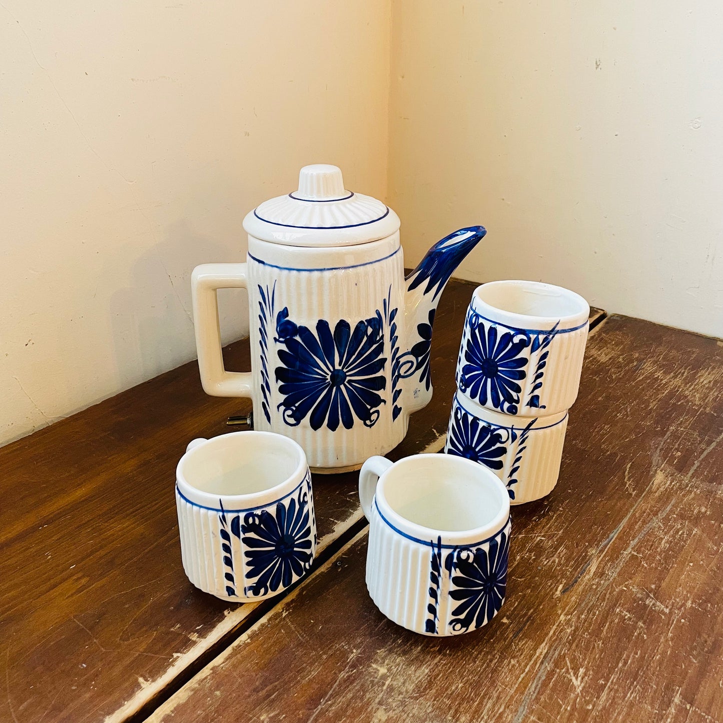 Folk Style Blue & White Ceramic Coffee Pot & Mug Set- Vintage