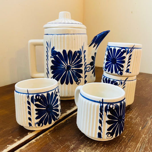 Folk Style Blue & White Ceramic Coffee Pot & Mug Set- Vintage