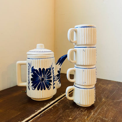 Folk Style Blue & White Ceramic Coffee Pot & Mug Set- Vintage