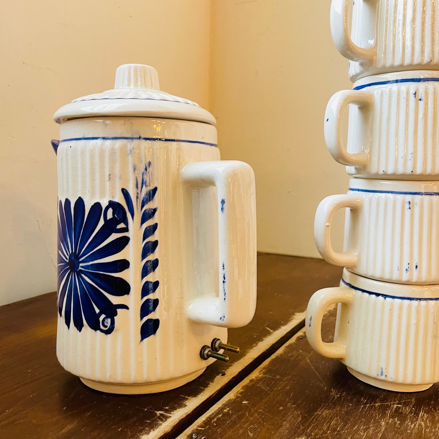 Folk Style Blue & White Ceramic Coffee Pot & Mug Set- Vintage
