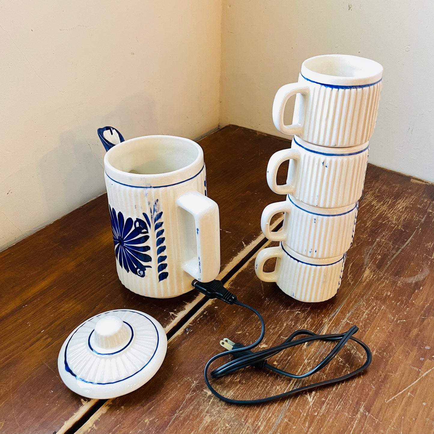Folk Style Blue & White Ceramic Coffee Pot & Mug Set- Vintage