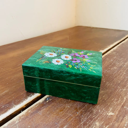 Faux Jade Marbled Trinket Box with Painted Flowers- Vintage