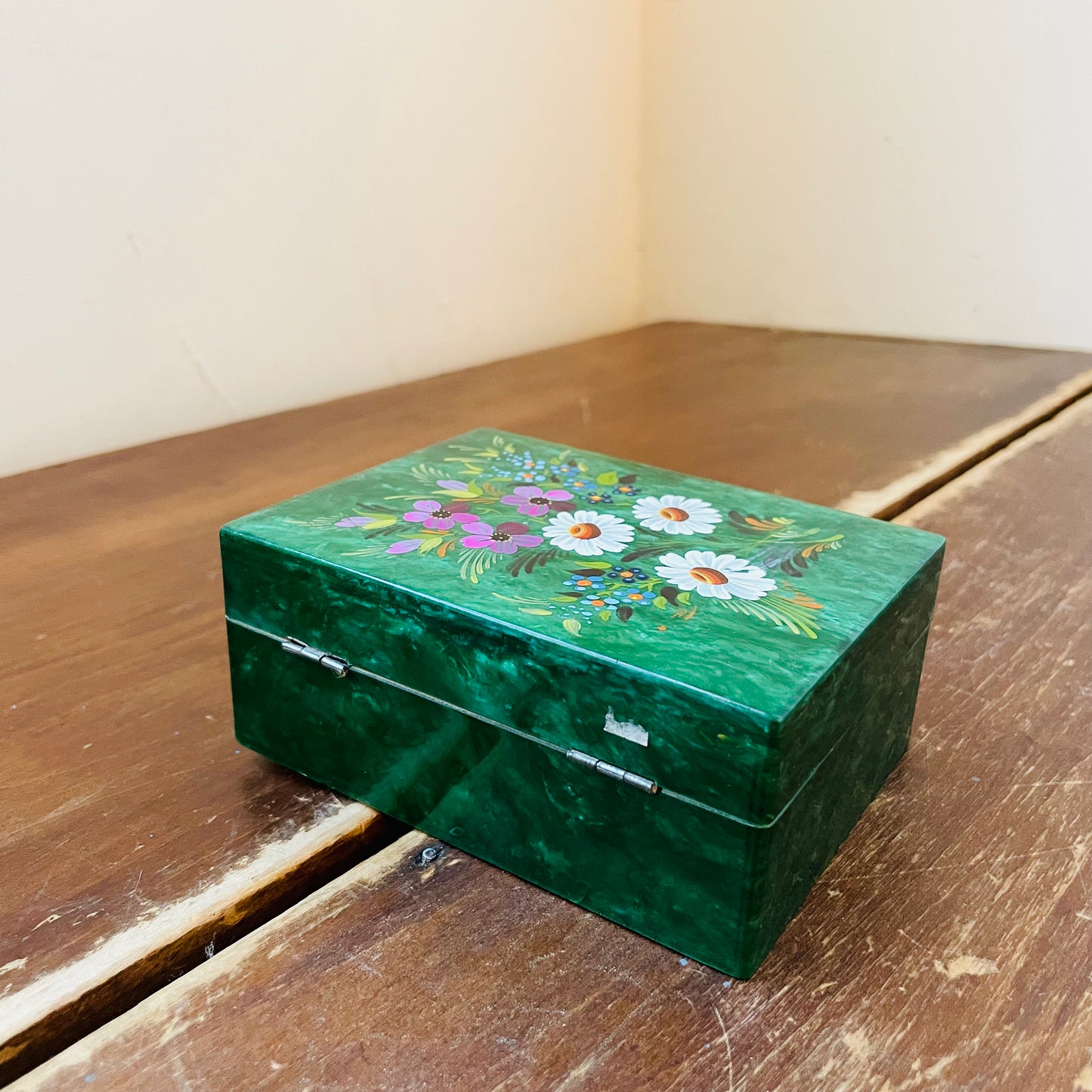 Faux Jade Marbled Trinket Box with Painted Flowers- Vintage