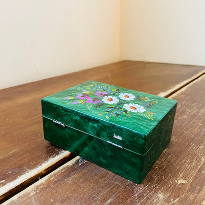 Faux Jade Marbled Trinket Box with Painted Flowers- Vintage