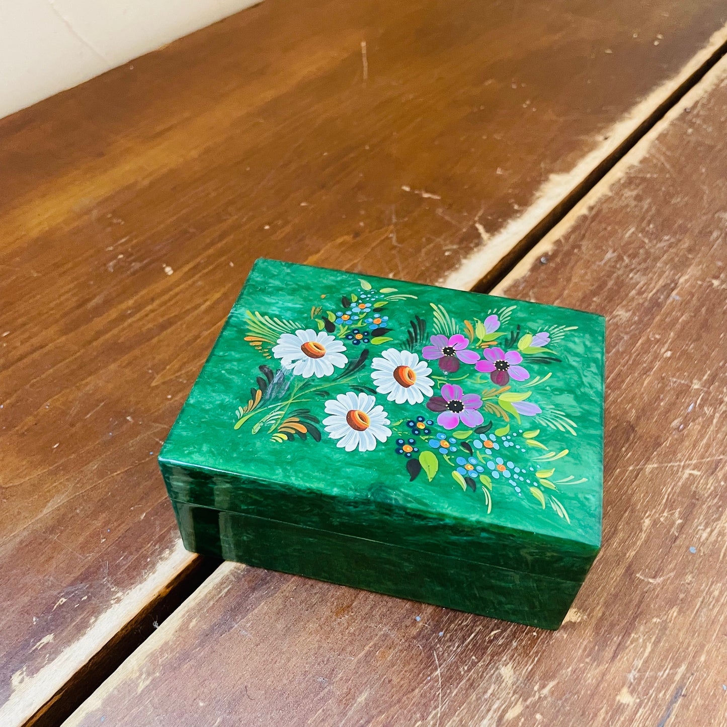 Faux Jade Marbled Trinket Box with Painted Flowers- Vintage