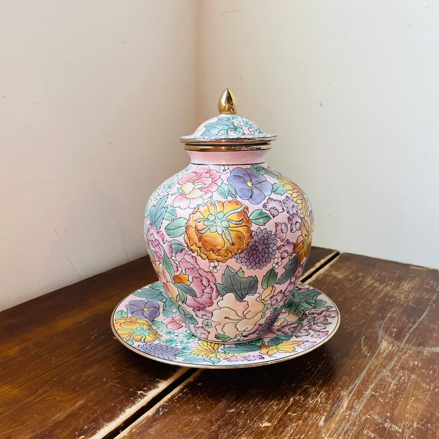 Floral & Gilded Ginger Jar & Plate Set- Vintage