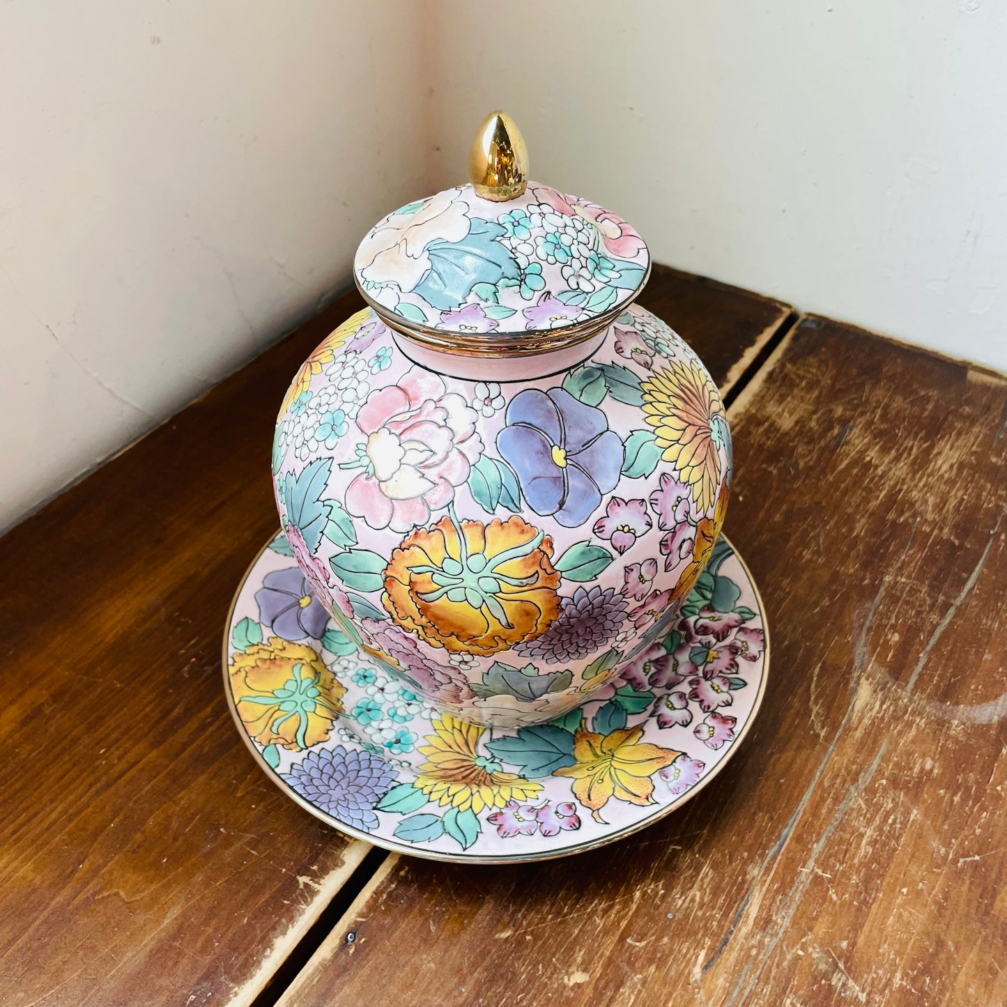 Floral & Gilded Ginger Jar & Plate Set- Vintage