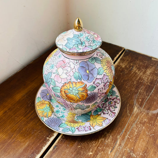 Floral & Gilded Ginger Jar & Plate Set- Vintage