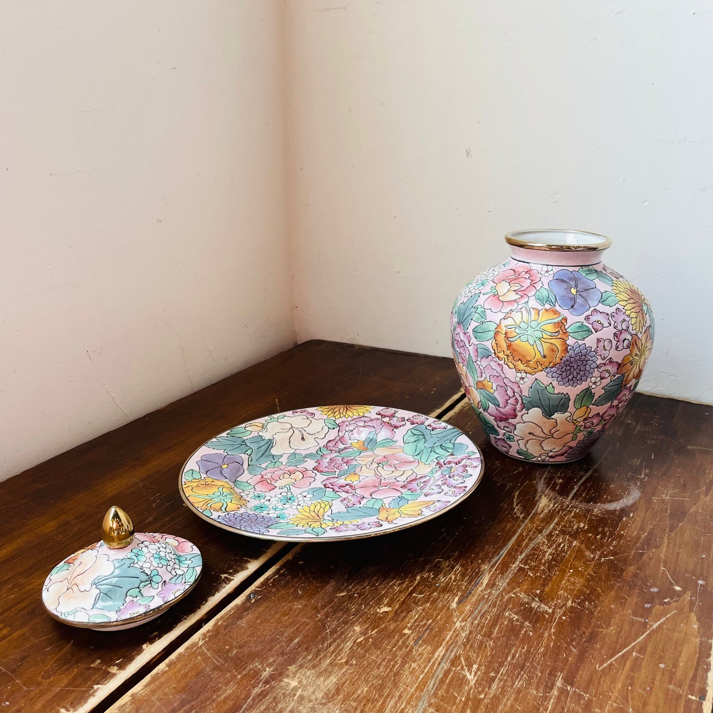 Floral & Gilded Ginger Jar & Plate Set- Vintage