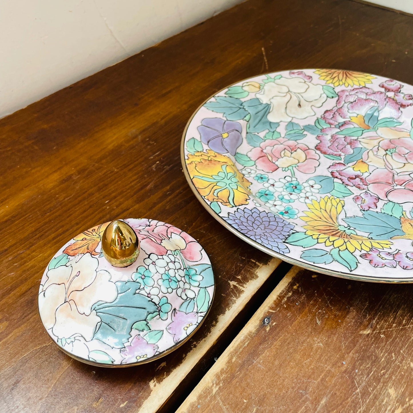 Floral & Gilded Ginger Jar & Plate Set- Vintage