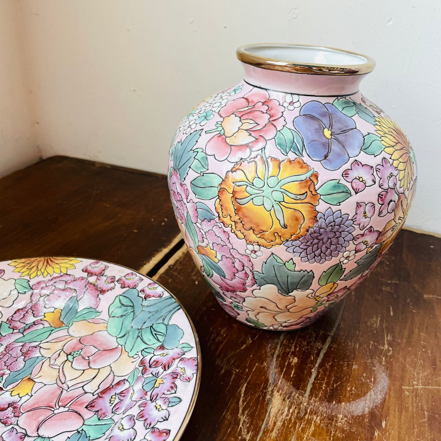 Floral & Gilded Ginger Jar & Plate Set- Vintage