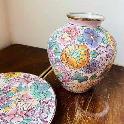 Floral & Gilded Ginger Jar & Plate Set- Vintage