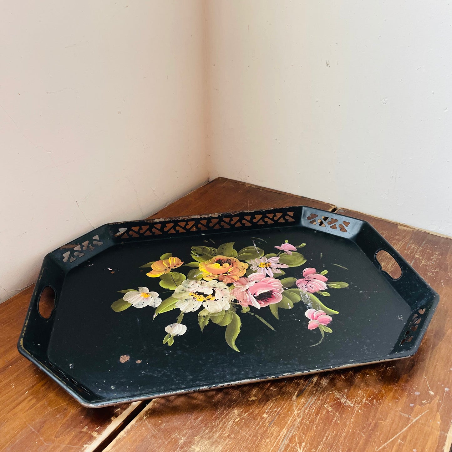 Nashco Hand-painted Black Tray- Vintage