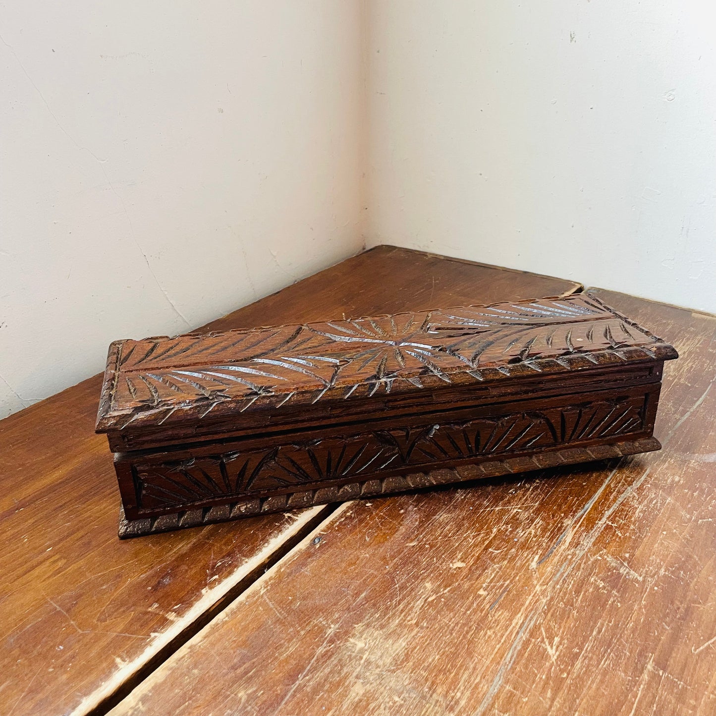 European Folk Art Hand-Carved Long Wooden Box- Vintage