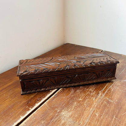 European Folk Art Hand-Carved Long Wooden Box- Vintage