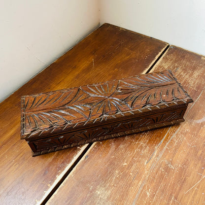European Folk Art Hand-Carved Long Wooden Box- Vintage
