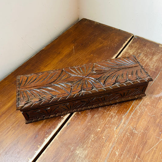 European Folk Art Hand-Carved Long Wooden Box- Vintage