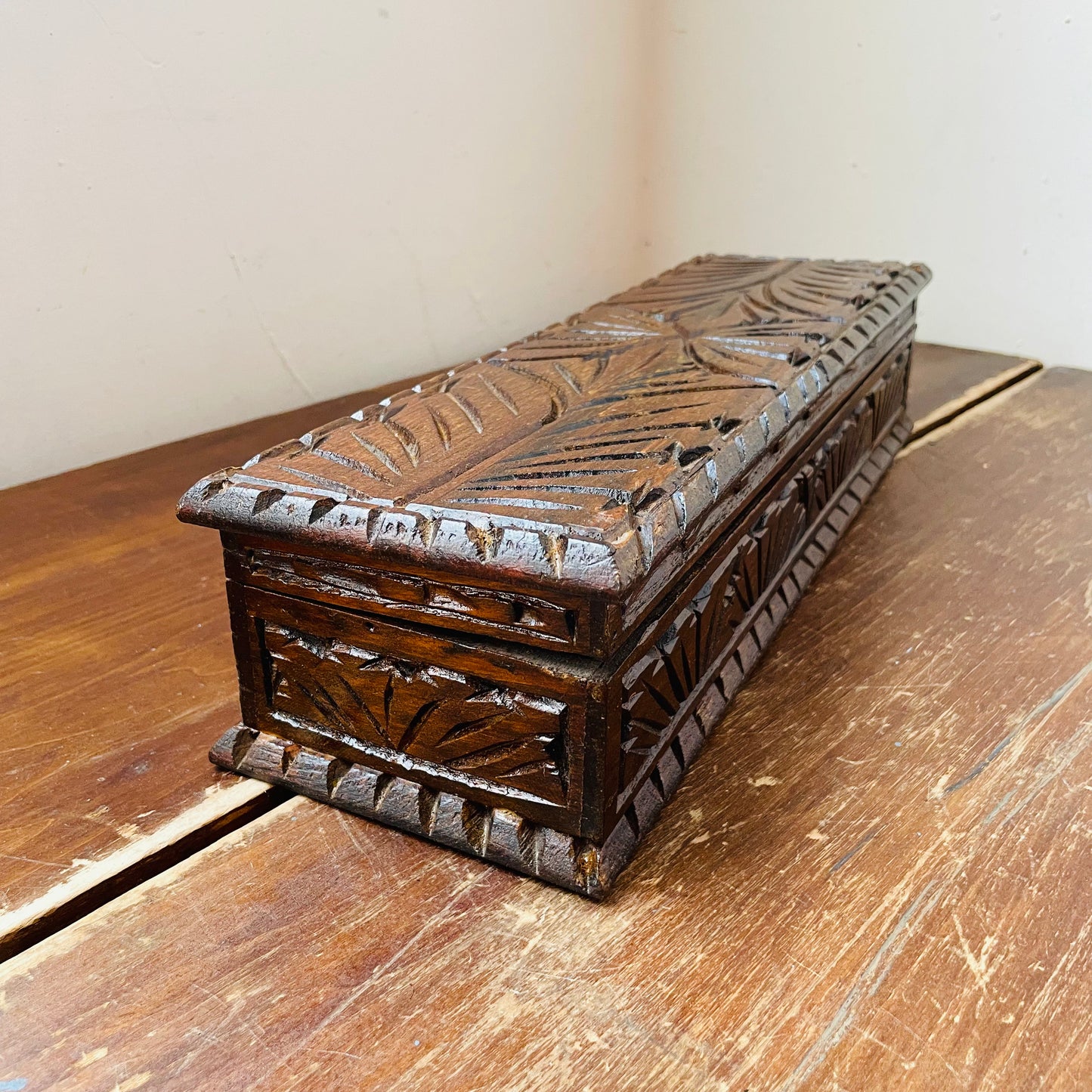 European Folk Art Hand-Carved Long Wooden Box- Vintage