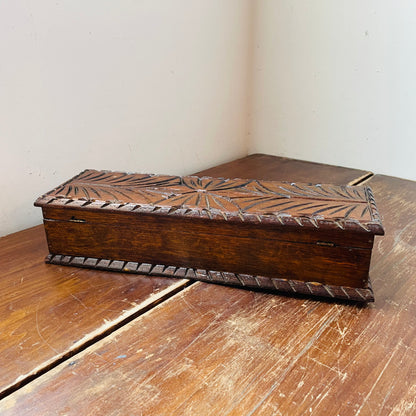 European Folk Art Hand-Carved Long Wooden Box- Vintage