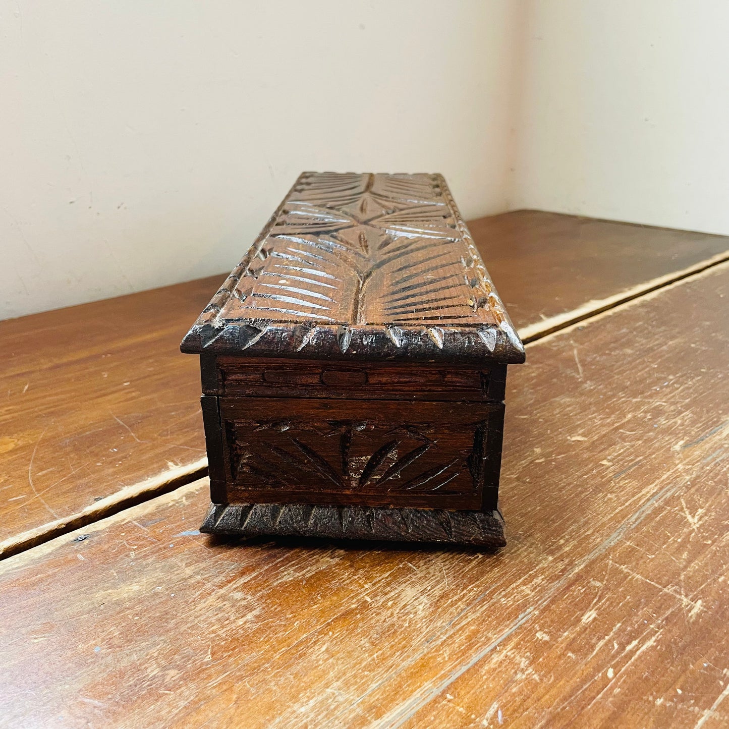 European Folk Art Hand-Carved Long Wooden Box- Vintage