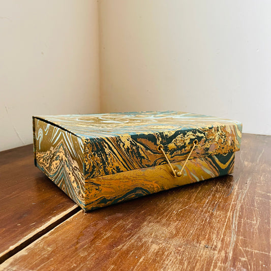 Handmade Recycled Marbled Paper and Cardboard Box with Elastic Cord and Gold Ball Closure