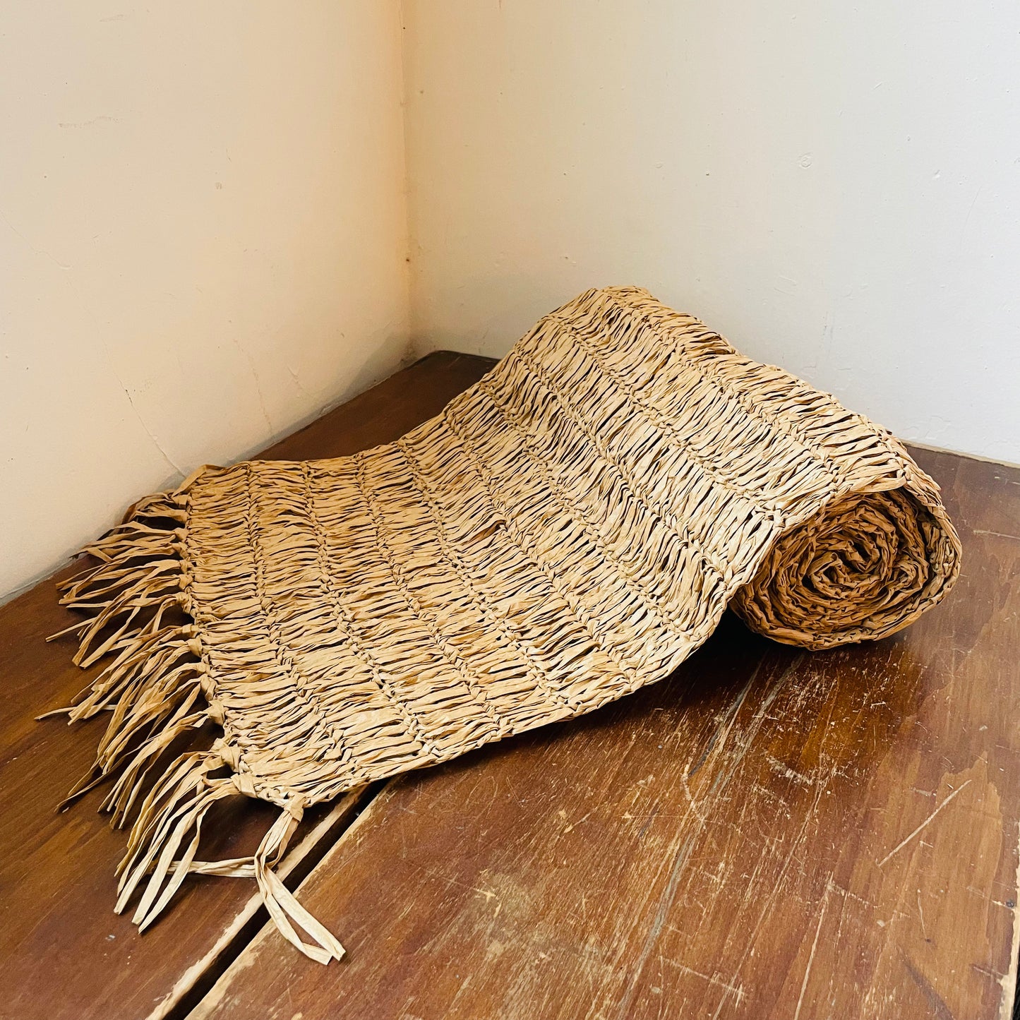 Woven Raffia Table Runner with Fringe