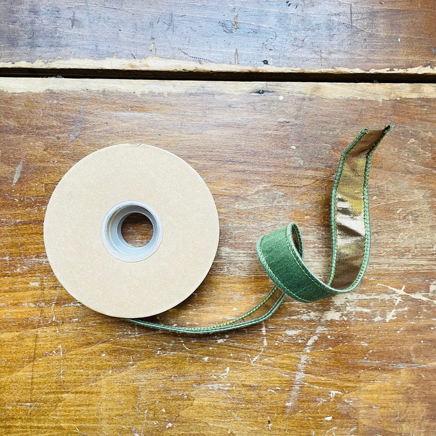 1" Wired Dupioni Ribbon | Moss W/ Gold Backing