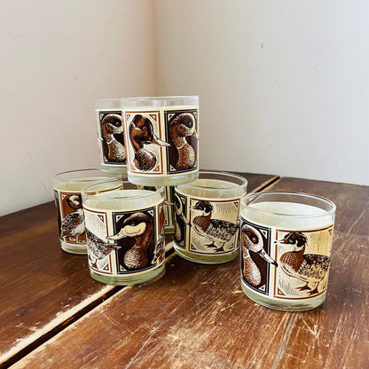 Libbey Low Ball Brown Duck Illustration Set of 7 Glasses- Vintage