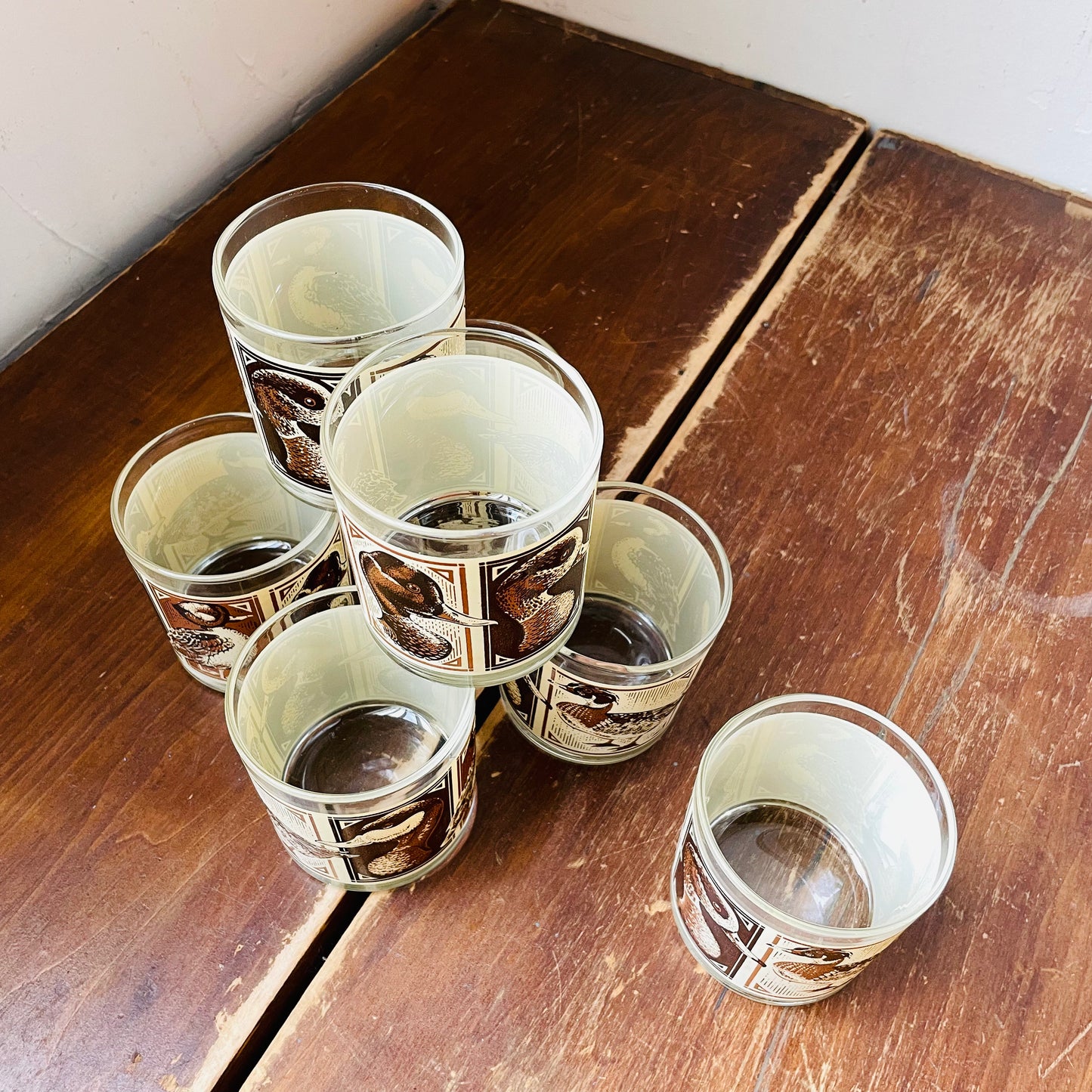 Libbey Low Ball Brown Duck Illustration Set of 7 Glasses- Vintage
