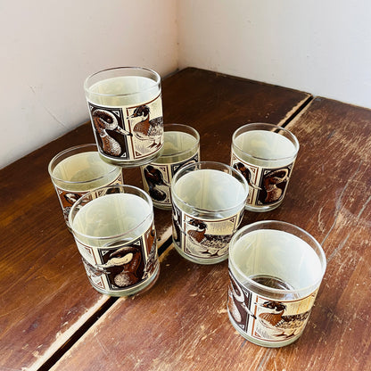 Libbey Low Ball Brown Duck Illustration Set of 7 Glasses- Vintage
