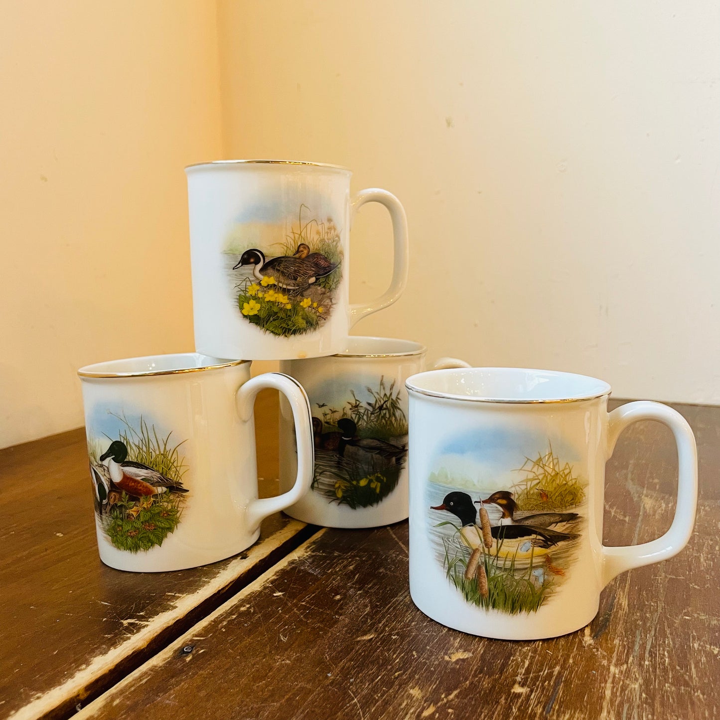 Waterfowl Collection of Mugs with Gold Rims- Vintage