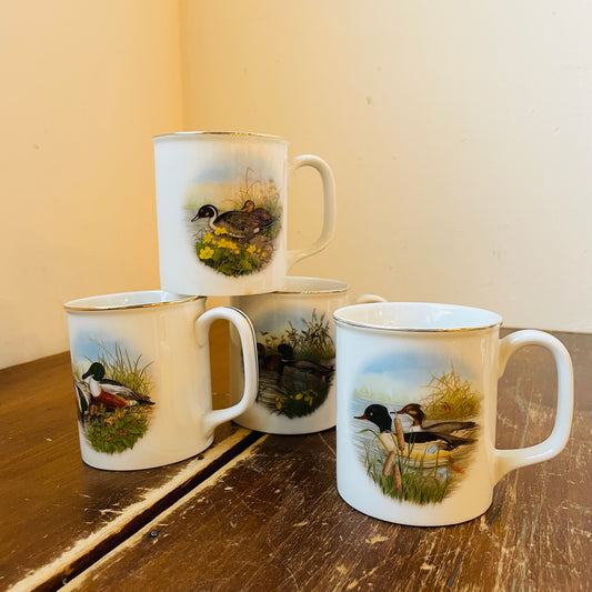 Waterfowl Collection of Mugs with Gold Rims- Vintage