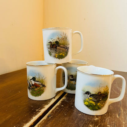 Waterfowl Collection of Mugs with Gold Rims- Vintage