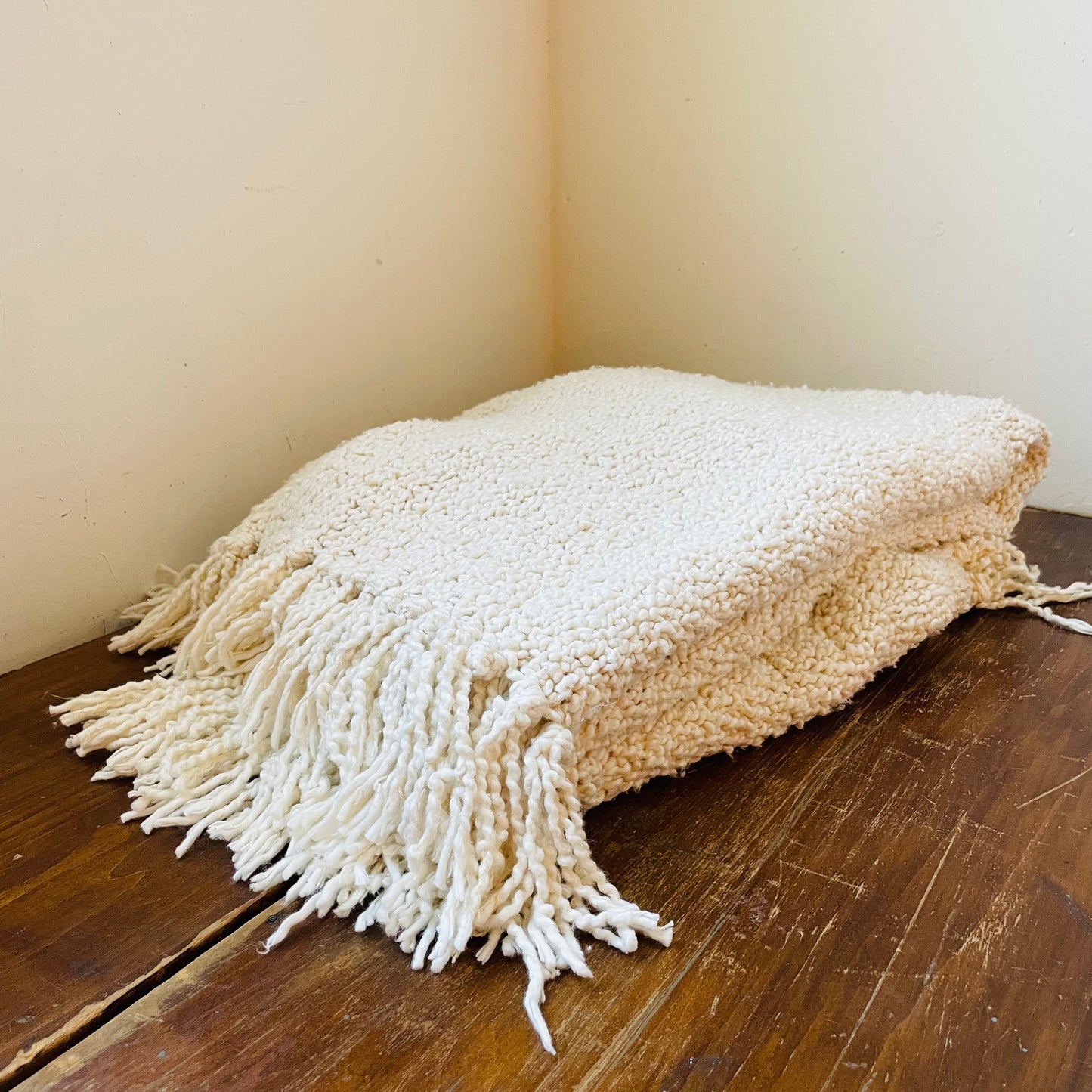 Cotton Blend Boucle Throw with Fringe