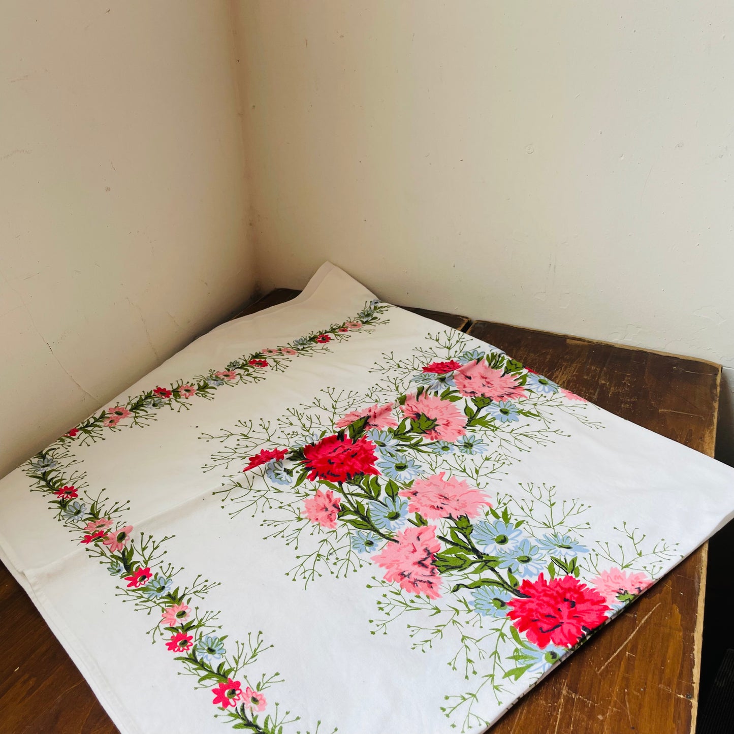 Pink & Blue Carnation Table Cloth- Vintage