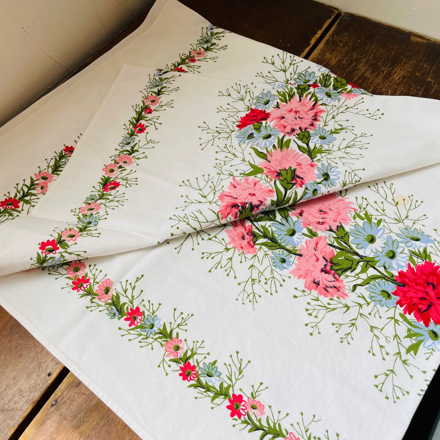 Pink & Blue Carnation Table Cloth- Vintage