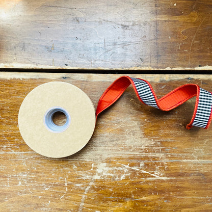 1" Wired Ribbon | Black/White Mini Check w/ Orange Backing