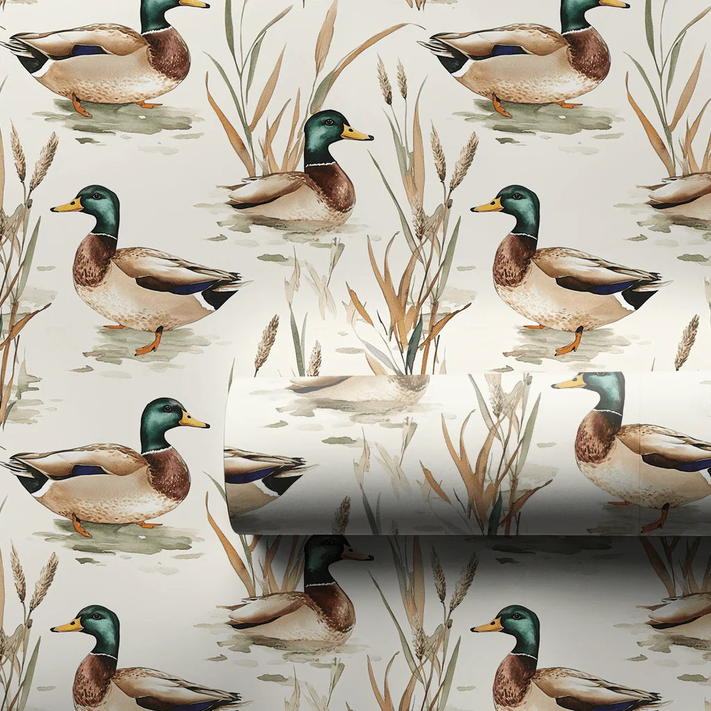 Pattern of mallard ducks and reeds on a light background
