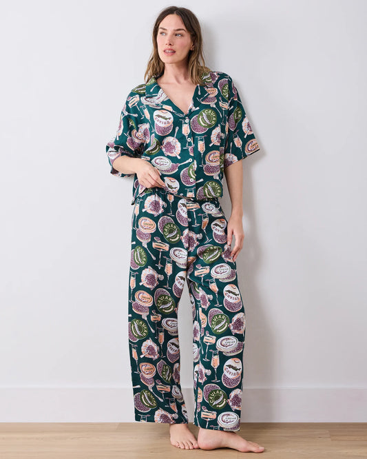Peacock Feather Champagne & Caviar Eco Satin Long PJ Set