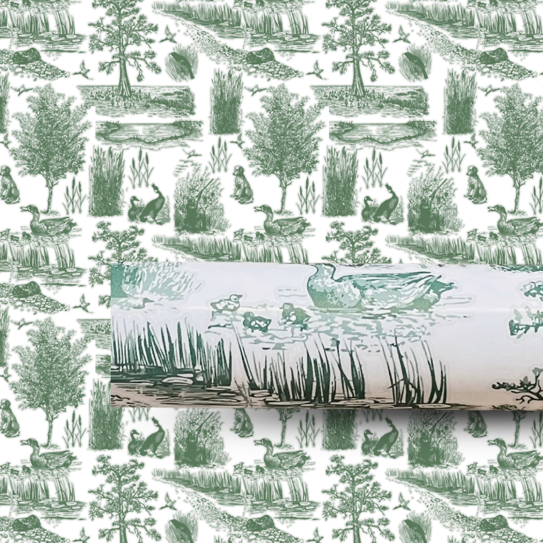 Roll of wrapping paper with green ducks and nature pattern on a white background