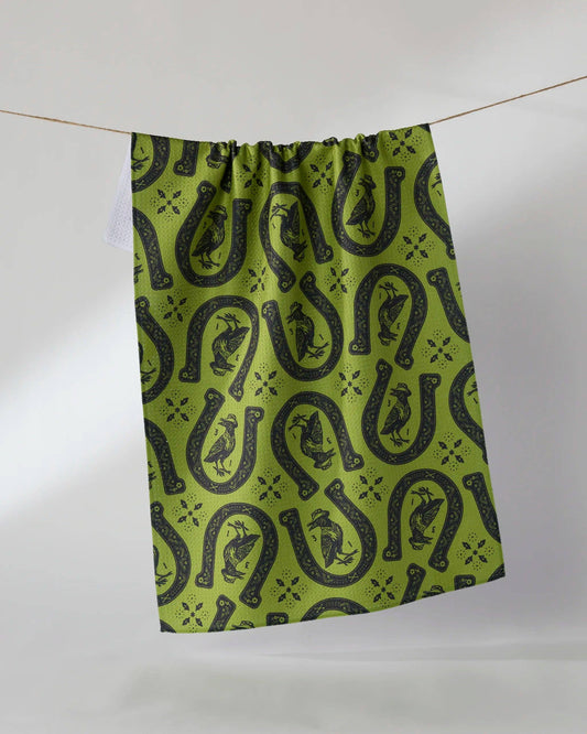 Green Lucky Crow Tea Towel